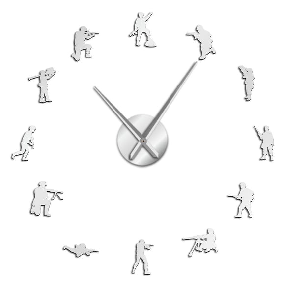 Soldiers Military Veteran Army Frameless Wall Clock Stickers, DIY Modern Decorative Clocks for Living Room, Bedroom, Office - Easy to Install, Large 3D Clock Design (Silver,47in)