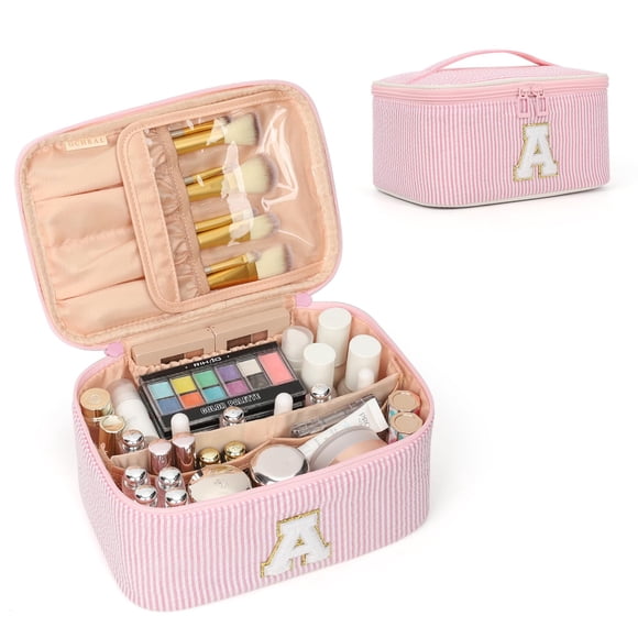 Bolsa de maquillaje OCHEAL Monogram con soporte para brochas de nailon rosa