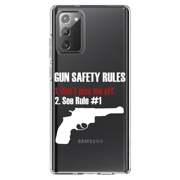 DistinctInk Clear Shockproof Hybrid Case for Galaxy Note 20 ULTRA (6.9" Screen) - TPU Bumper Acrylic Back Tempered Glass Screen Protector - Gun Safety Rules, Don't Piss Me Off