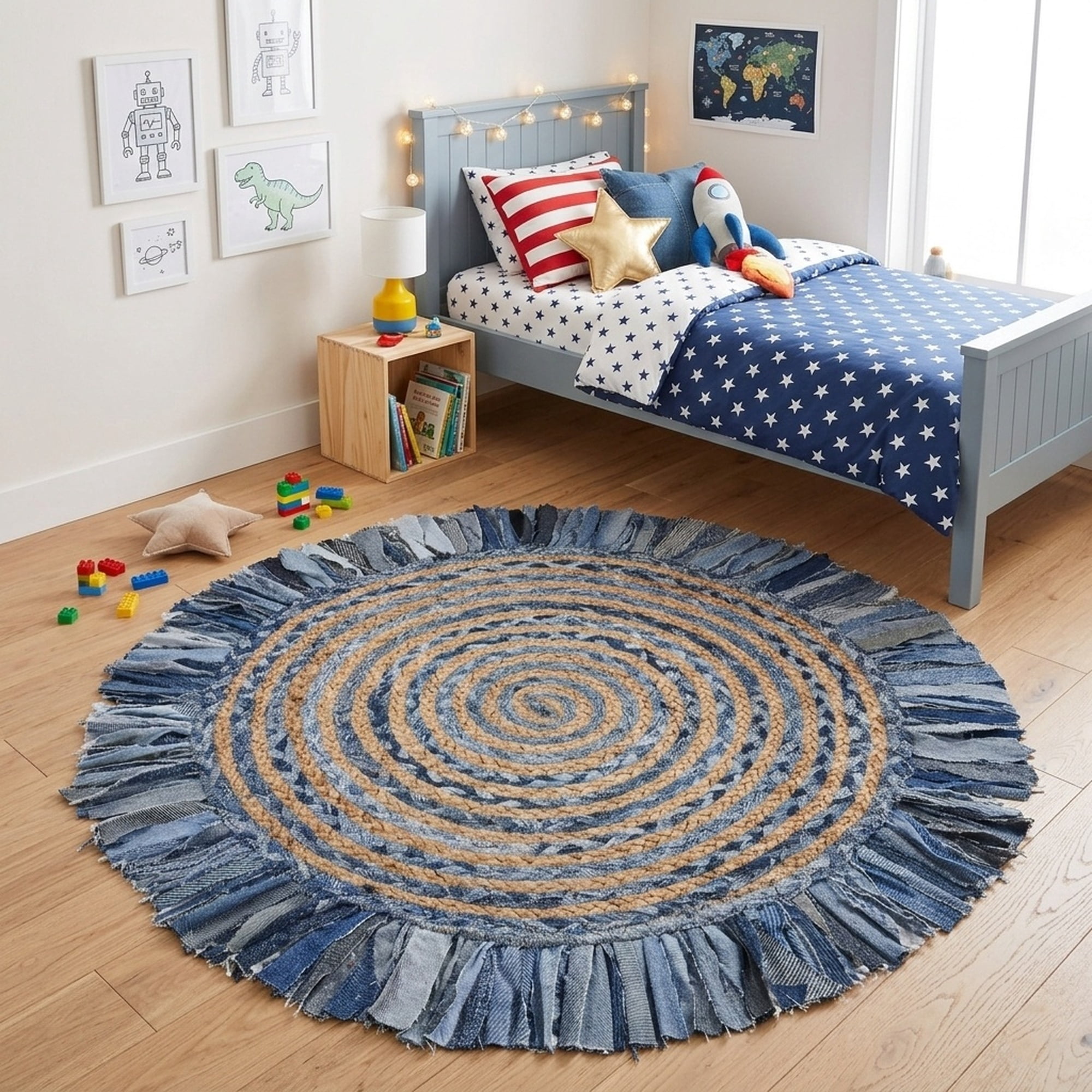 Desert Fields and Evette Rios Cora 5'6" Round Denim Blue Cotton and Jute Striped Fringe Indoor Area Rug