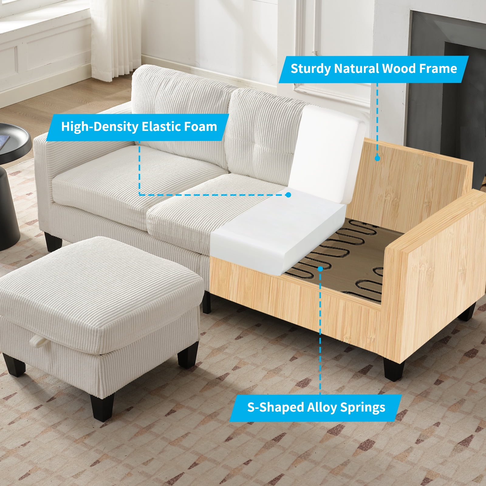 BALUS Sectional Sofa with Storage Ottomans, Small L-Shaped Sofa and Corduroy Couch for Living Room, Beige