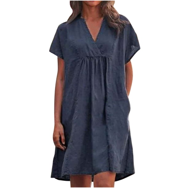 Vestidos casuales de verano para mujer, túnica de fiesta, columpio, cuello en V informal, vestidos de mujer sólidos con bolsillos Pompotops ghjkhdj15523