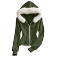 thumbnail image 4 of Sevevn Women's Faux Fur Trim Hooded Zip Up Jacket Cropped Long Sleeve Soft Fleece Hoodie Coat Casual Lightweight Outerwear Army Green XL, 4 of 9