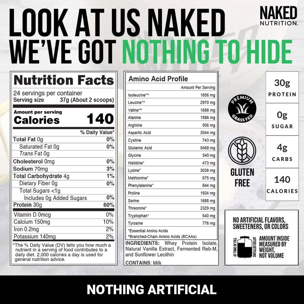 Naked Vanilla Whey Isolate Protein - Only 4 Ingredients, 30g Grass-Fed Protein, Undenatured, No GMO, No Soy, Gluten-Free, No Preservatives - 24 Servings