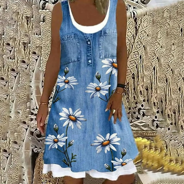 SMihono Robe d'Été pour Femmes Grande Taille Mode Femmes Décontractée Aguichant à Col Rond à Imprimé Floral Fausse Robe Deux Pièces Sans Manches