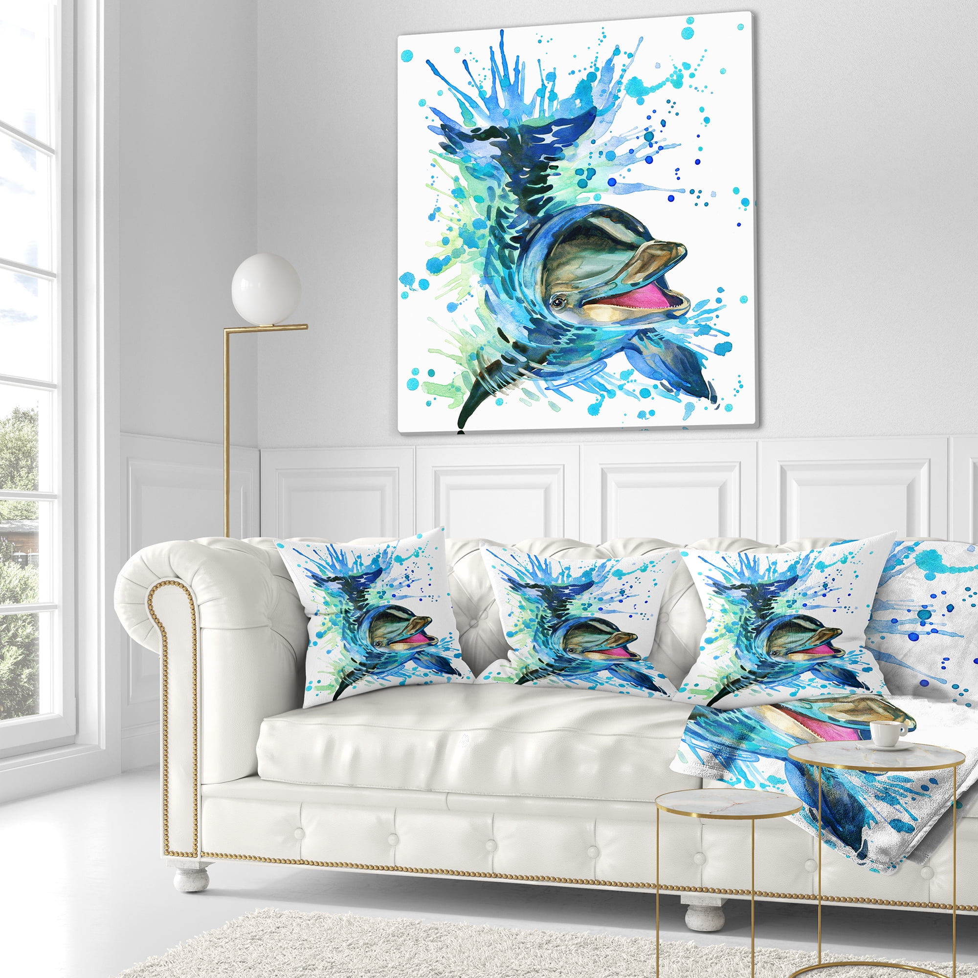 Designart Large Blue Dolphin Watercolor - Contemporary Animal Throw Pillow - 16x16