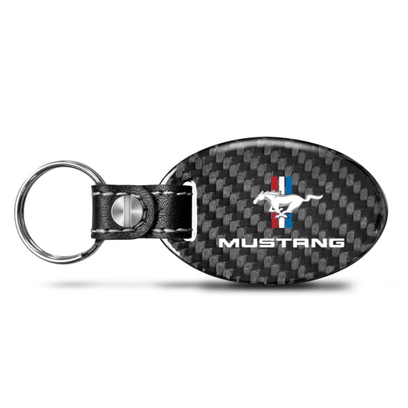 Ford Mustang Tri-Bar Real Carbon Fiber Oval Shape Black Leather Strap Key Chain