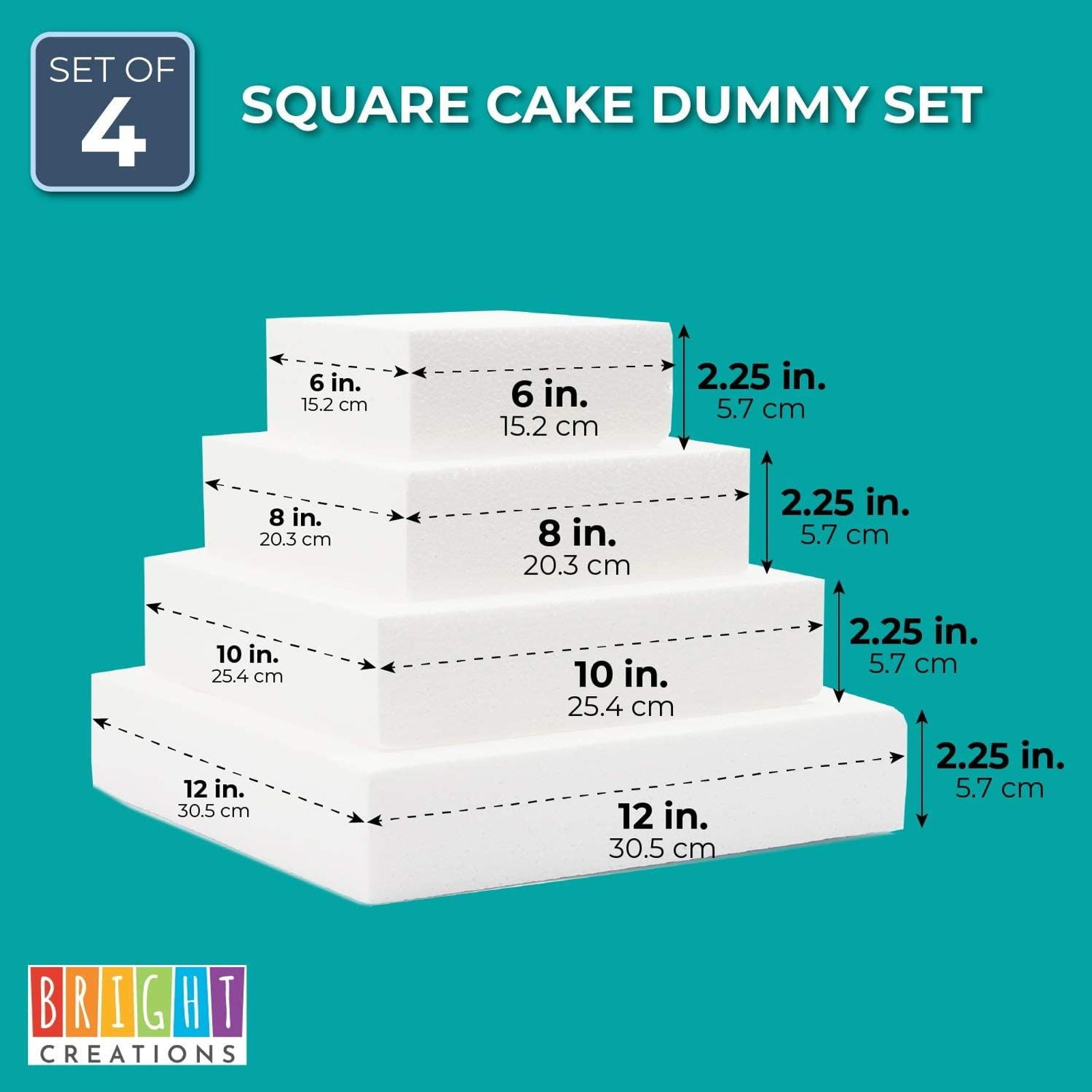 GCP Products Square Foam Cake Dummy For Decorating And Wedding Display, 4  Tiers Of 4 6 8 10 Dummies (14.4 Inches Tall)