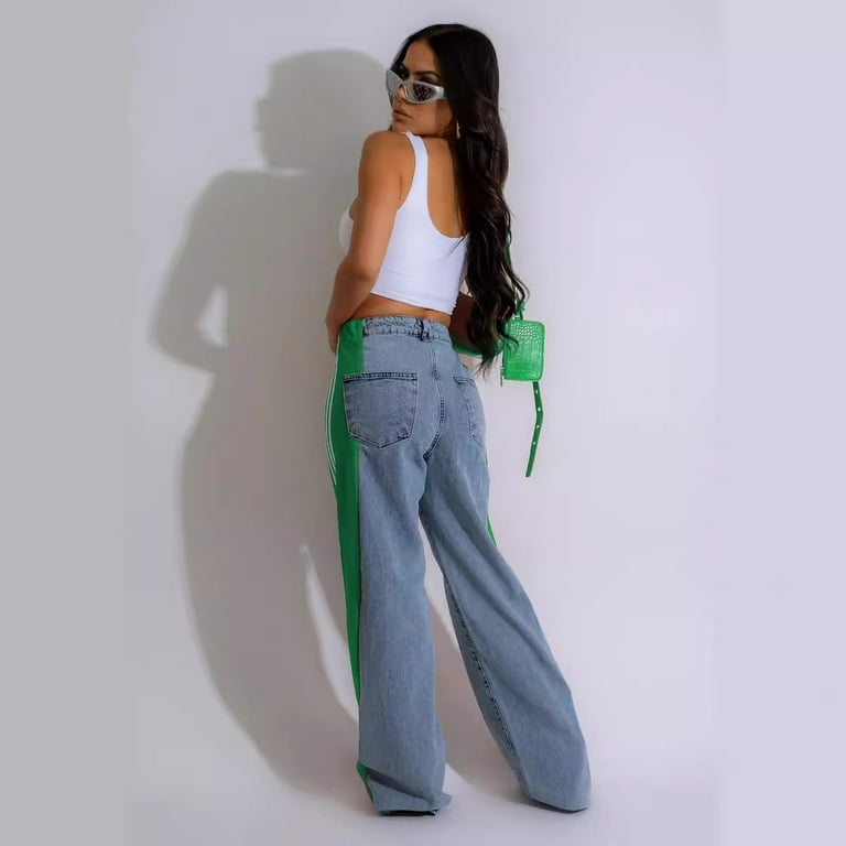 Two-Tone High-Waisted Wide-Leg Jeans with Striped Side Two-Tone High-Waisted Wide-Leg Jeans with Striped Side