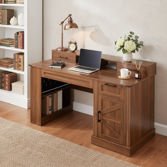 55" Farmhouse Office Desk with Storage Cabinet & Charging Station, Computer Writing Desk with Side Shelf, Gaming Desk with Monitor Stand & Pegboard, for Study, Home Office, Dark Walnut