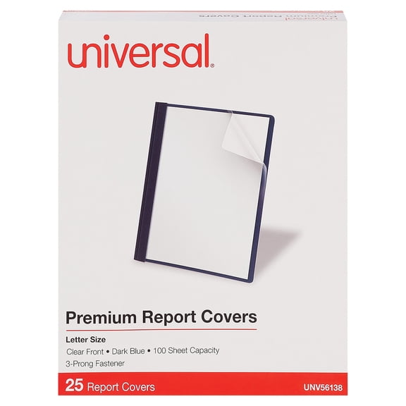 Universal UNV56138EE 1/2 in. Capacity Letter Size Tang Clip Plastic Report Covers - Clear/Dark Blue (25/Box)