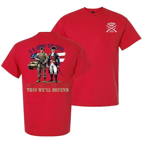 Patriot Pride Men’s Graphic T-Shirt – U.S. Army 250th Anniversary This We’ll Defend 1775–2025 Military Tribute Design, Red, Small