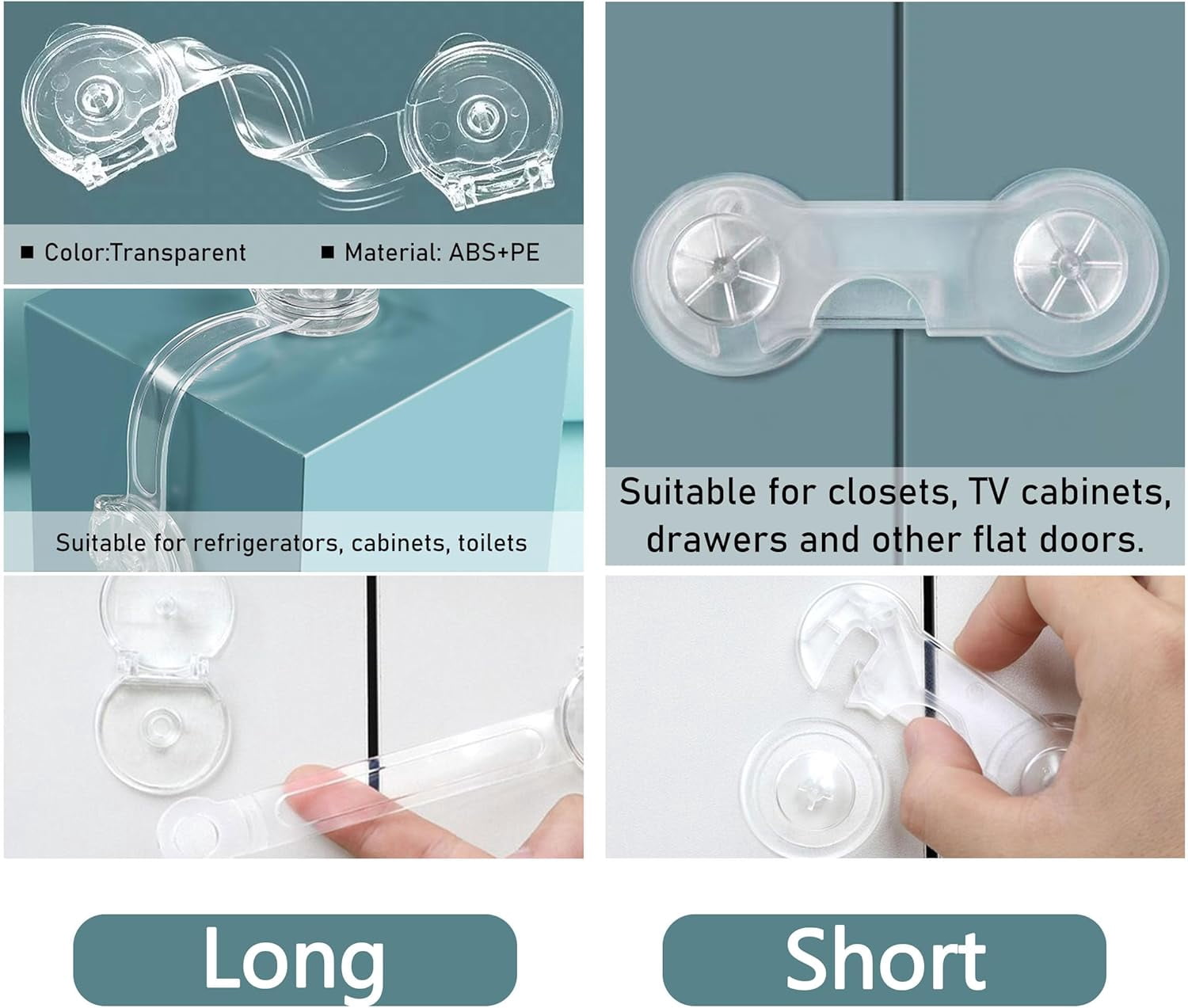 ABCISI 20pcs Cabinet Locks Baby Proofing Clear Child Safety Cabinet Locks Drawer Locks ABS and PE Materials Child Locks For Cabinet, Drawers, Refrigerator (10pcs 5.9in+10pcs 3.78in)