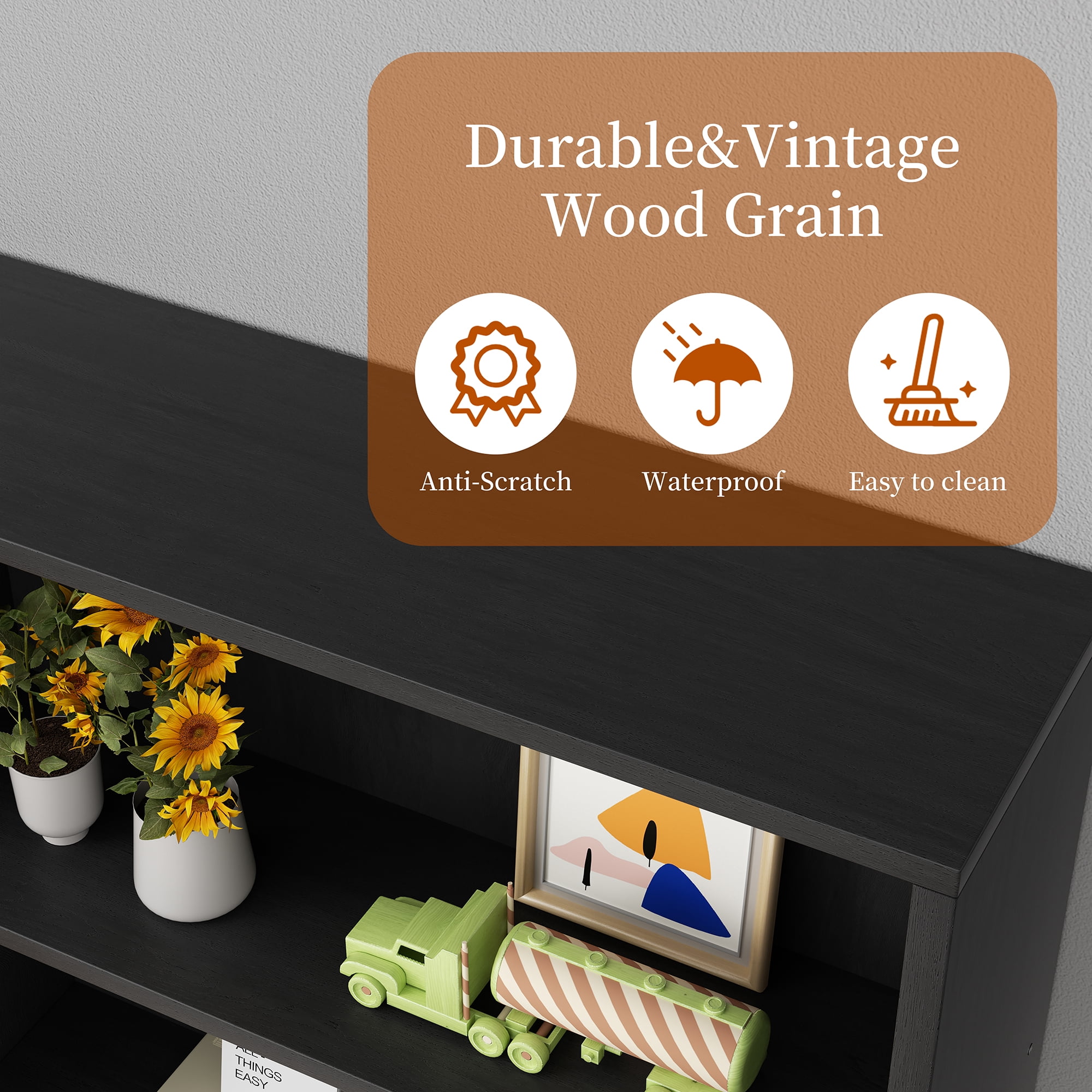 Walsunny 6 Tier Bookshelf Standard Wooden Bookcase Display Shelf with Storage Anti-tipping Device for Home Office Living Room Black