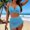 Blue, variant on UTSJKR Women's Multi Color Triangle Trim 3 Piece Bikini Set, Mesh Drawstring Skirt Bathing Suit for Summer Trendy Beach Style Hot Pink S
