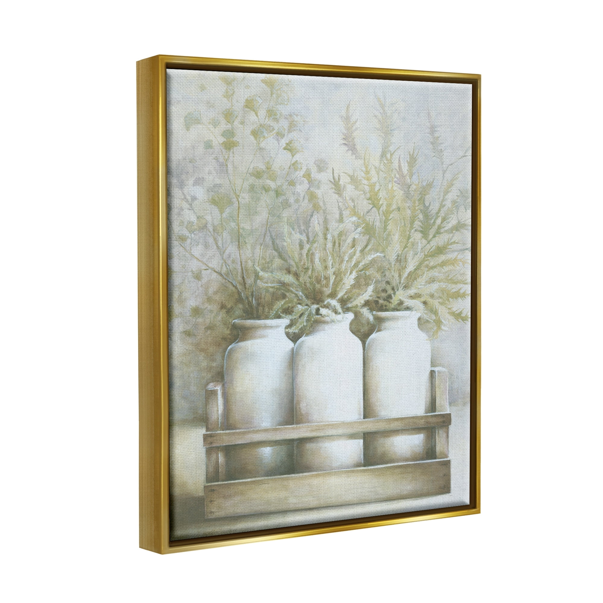 Stupell Industries Country Herbal Blooms Varied Plants Milk Jugs Painting Metallic Gold Floating Framed Canvas Print Wall Art, Design by White Ladder