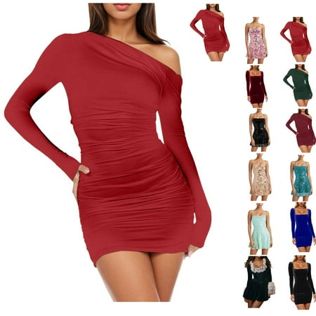 Women Solid Color Single Neck Backless Pleated Bag Hip Casual Dress One Shoulder Women Dresses Casual Single Neck Dress Dresses For Women Midi Length Mid Length Dress