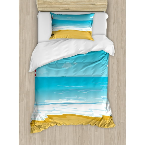 Tropical Duvet Cover Set Twin Size, Illustration of a Sandy Beach with Calm Ocean and Sky Countryside, Decorative 2 Piece Bedding Set with 1 Pillow Sham, Sand Brown Sky Blue White, by Ambesonne