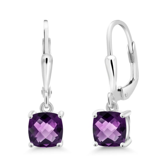 Gem Stone King 925 Sterling Silver Purple Amethyst Dangle Earrings for Women (1.40 Cttw, Gemstone February Birthstone, Cushion Checkerboard 6MM)