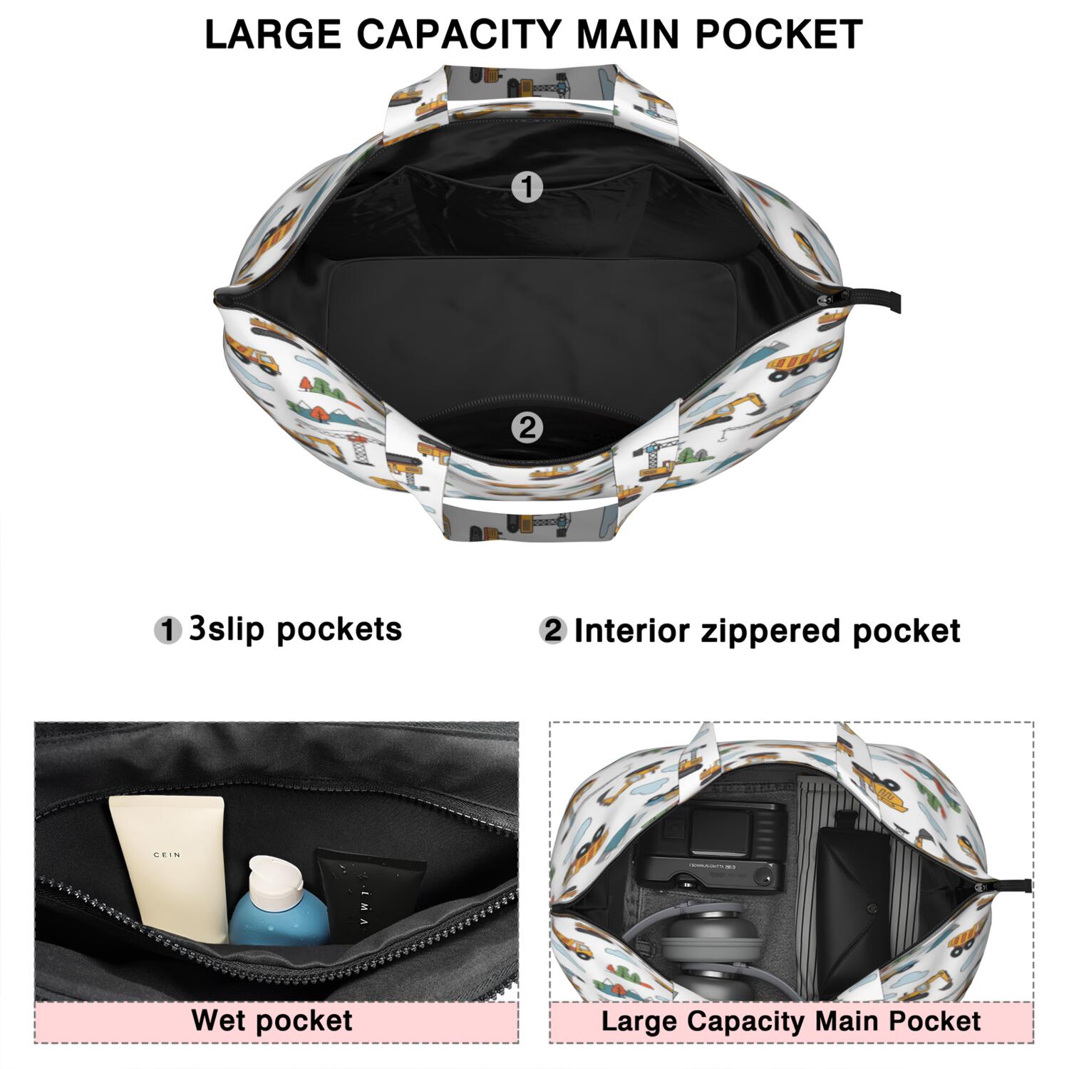 Cartoon Construction Vehicles Mountains Travel Tote Bags for Women Carry On,Large Weekender Bags for Women Travel,Multi Functional Duffle Bag for Work,Shopping,Sports