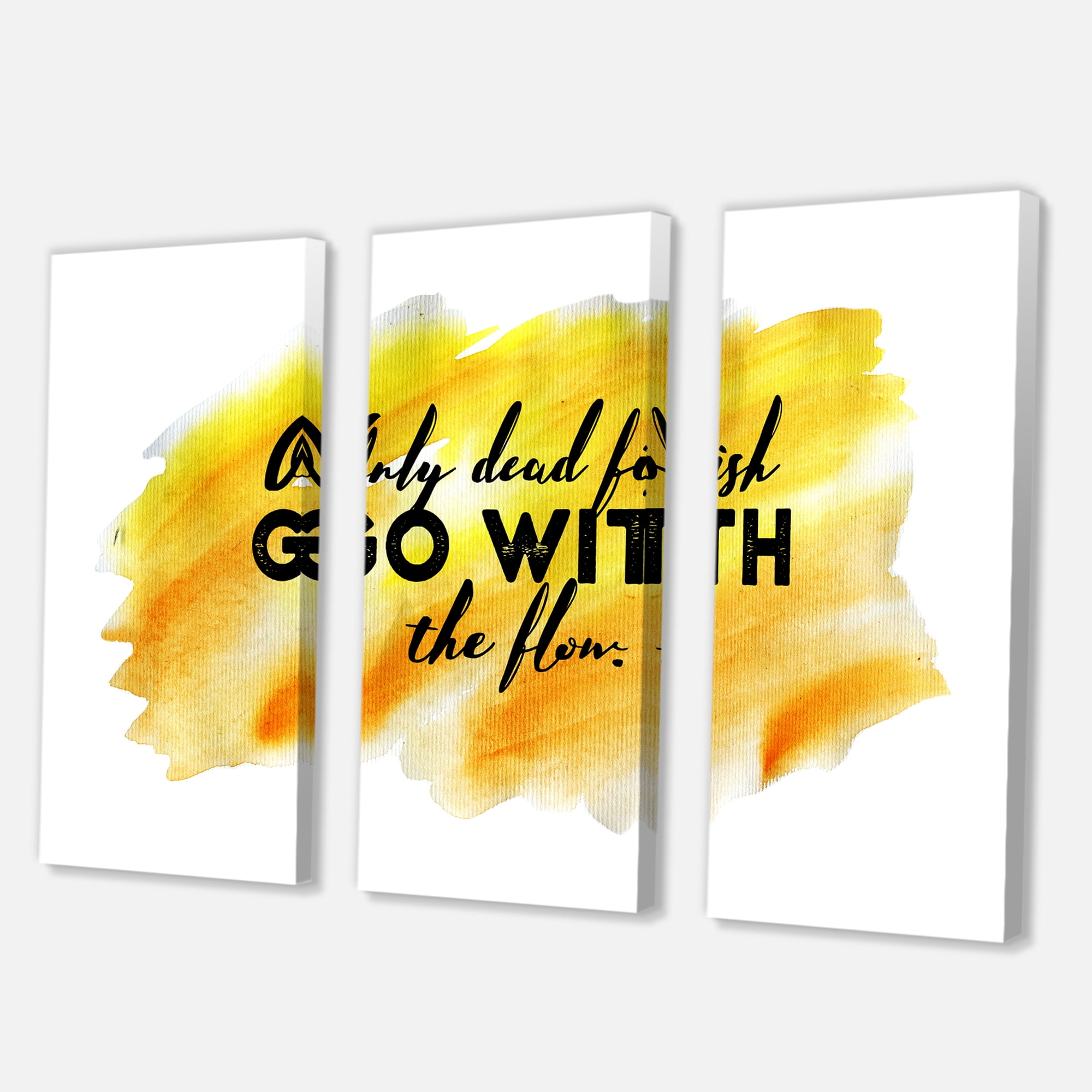 Designart ' Only Dead Fish Go With The Flow On Yellow Strokes ' Modern Canvas Wall Art Print