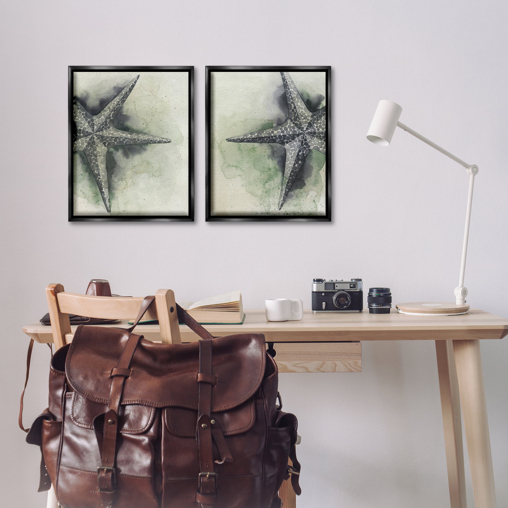 Stupell Industries Detailed Starfish Sand Beach Nautical & Beach Painting Black Floater Framed Canvas Art Print Wall Art, 17 x 21, Set of 2