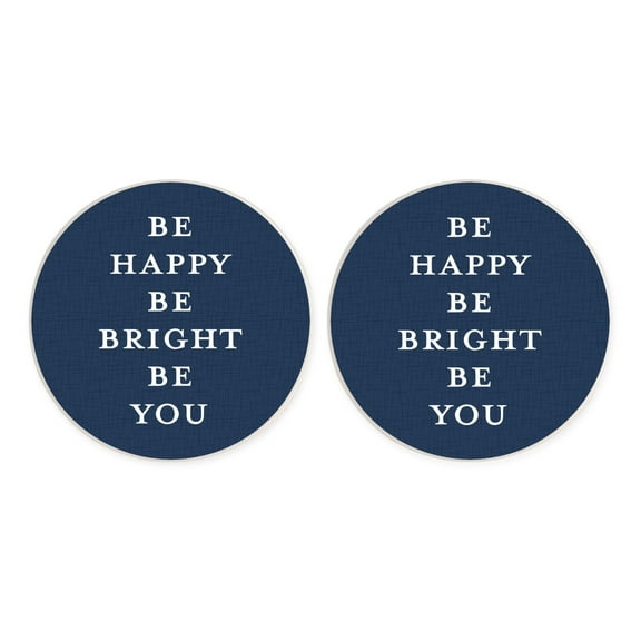 Be Happy Bright Navy Blue 2.75 x 2.75 Absorbent Ceramic Car Coasters Pack of 2