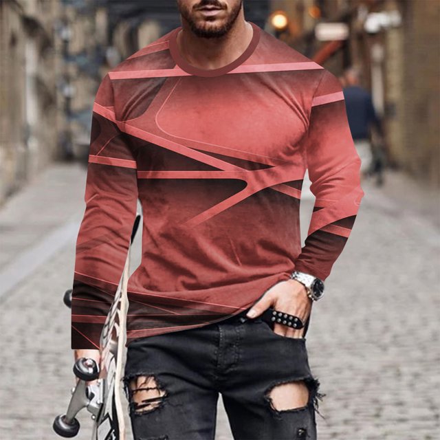 Blusas y camisas de manga larga con cuello redondo para hombre, blusa informal de manga larga con cuello redondo y estampado de rayas, blusa de poliéster para hombre