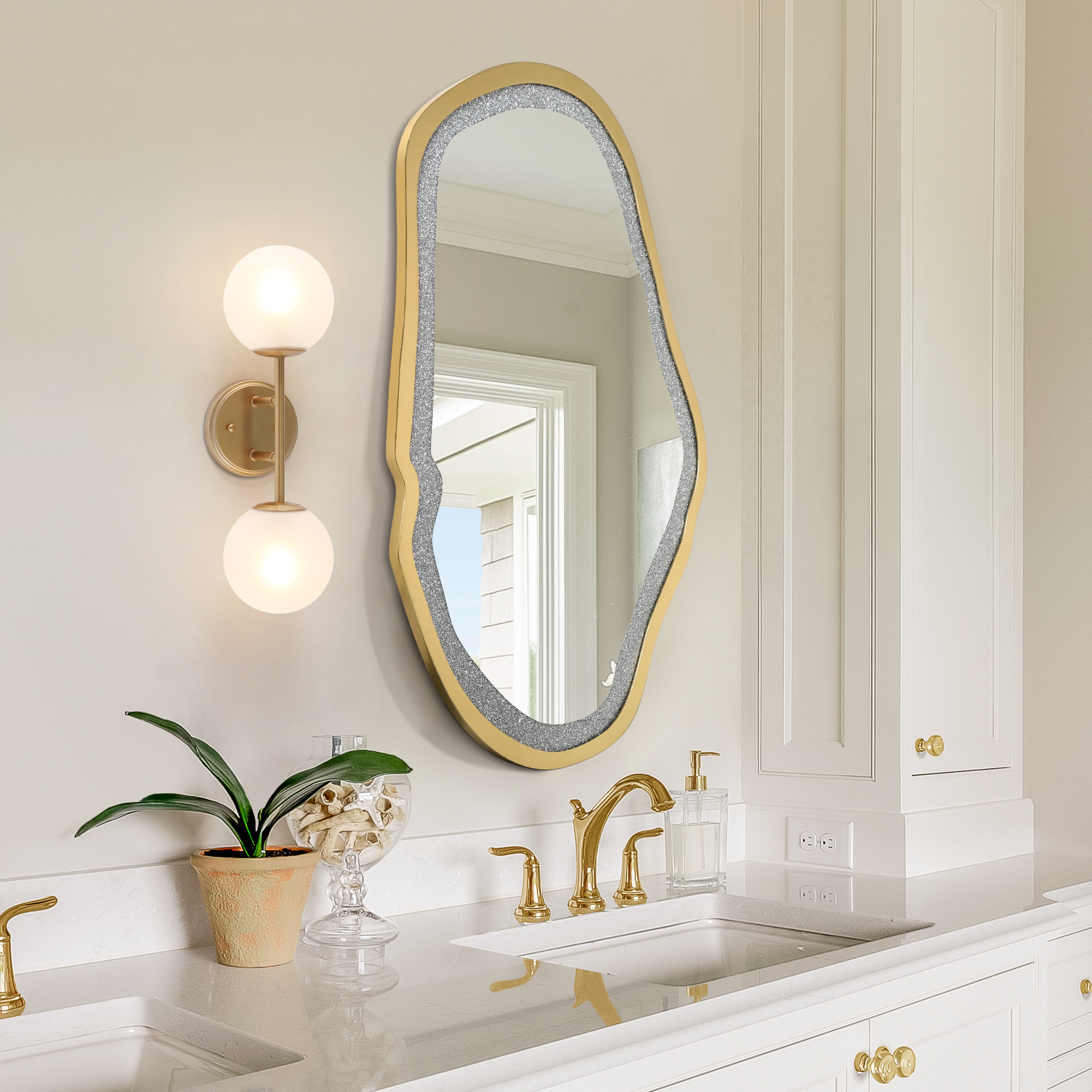 LNC 32.5"x47.2" Irregular Gold Wall Mirror with Rhinestone Inlay for Bedroom or Hallway