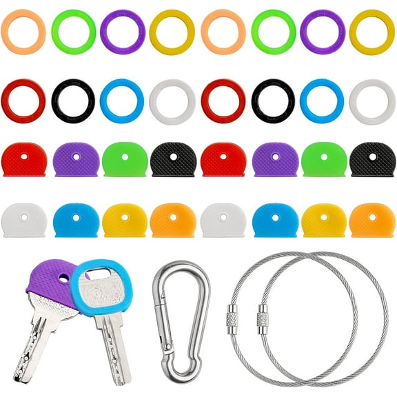Key Caps Set, 32 PCS Rubber Key Covers with 3 Key Organization Tool, Coloured Key Caps for Key Identification, Waterproof Key Covers for House Keyring 8 Color