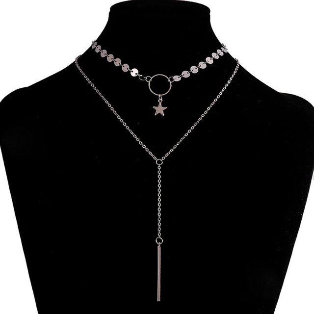 Collier à chaîne en couches réglable: Star Disc Pendentif Y Collier Collier Collier Collier