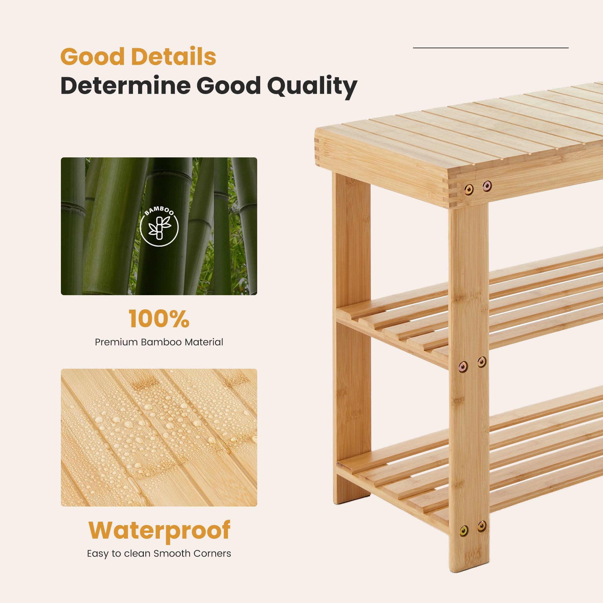 ZUNMOS 3-Tier Bamboo Shoe Rack Bench, 11.3 x 27.6 x 17.8 Inches Compact Storage Organizer with 286lb Capacity for Entryway, Bedroom and Living Room, Wood