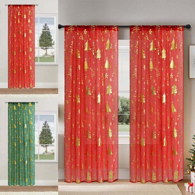 Cortinas con Estampado de Árbol de Navidad | Cortinas Decorativas Grandes para Fiestas Navideñas | Poliéster Verde | 132 X 274 Cm | Decoración para Ventanas de Dormitorio