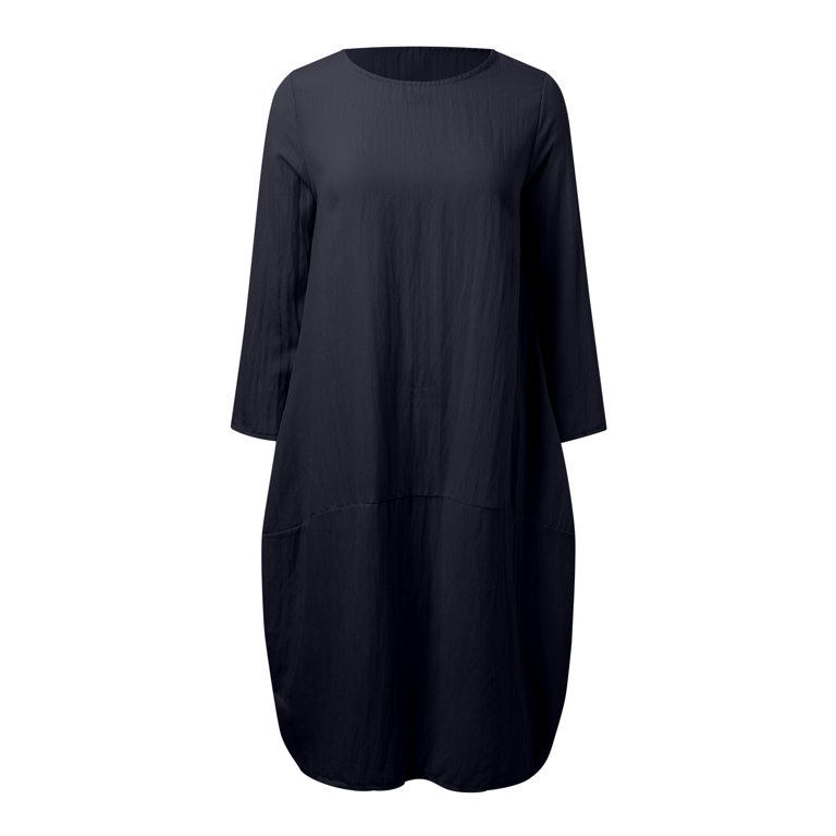 Hwmodou Women Dresses Loose Cotton Linen Long Crew Neck Dress Cute Ladies  Sundress - Walmart.com