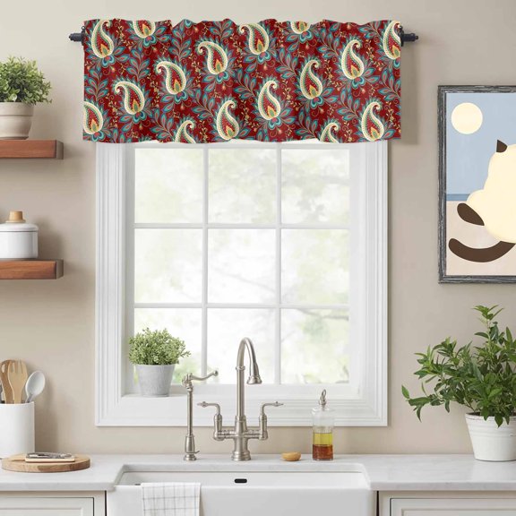 Boho Cashew Flower on Red Valances for Windows,Rod Pocket Valance for Kitchen Bedroom Bathroom Living Room,Abstract Ethnic Retro Floral Window Valance Curtain Home Decor Short Curtains 54x18in
