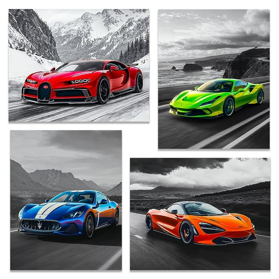 Luxury Sports Car Poster Set of 4 – 8x10 Unframed Prints for Car Enthusiasts, Vibrant Wall Art, Automotive Posters for Boys Room, Men’s Garage, Living Room, Bedroom, & Car Room Decor