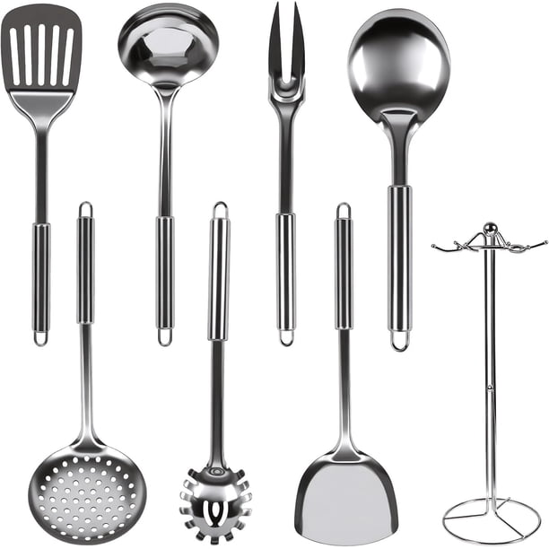 Juego de 8 Utensilios de Cocina Acero Inoxidable: Utensilios de Cocina con Espátula, Cucharón y Más Ideal para Cocinar, Freír y Servir en Sartenes