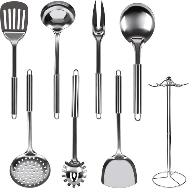 Juego de 8 Utensilios de Cocina Acero Inoxidable: Utensilios de Cocina con Espátula, Cucharón y Más Ideal para Cocinar, Freír y Servir en Sartenes