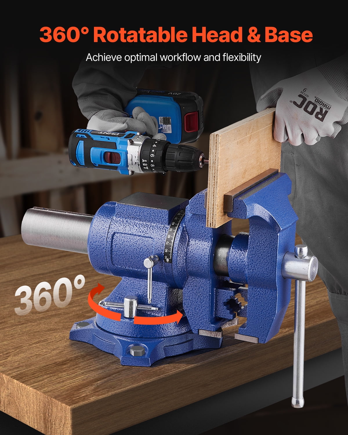 KFFKFF Robust Workbench Clamp, 6-1/2" Clamp Breadth, 5" Maximum Clamp Gap Multi-Functional Malleable Iron Workbench Clamp with Anvil, 360° Rotating Base Head, 3" Neck, 5620 lbs Clamping Power