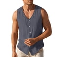 thumbnail image 4 of Men's V Neck Vest Cotton Linen Sleeveless Vest Button Up Sleeveless Tops Casual Layering Spring Summer Business Top Gray 2XL, 4 of 6