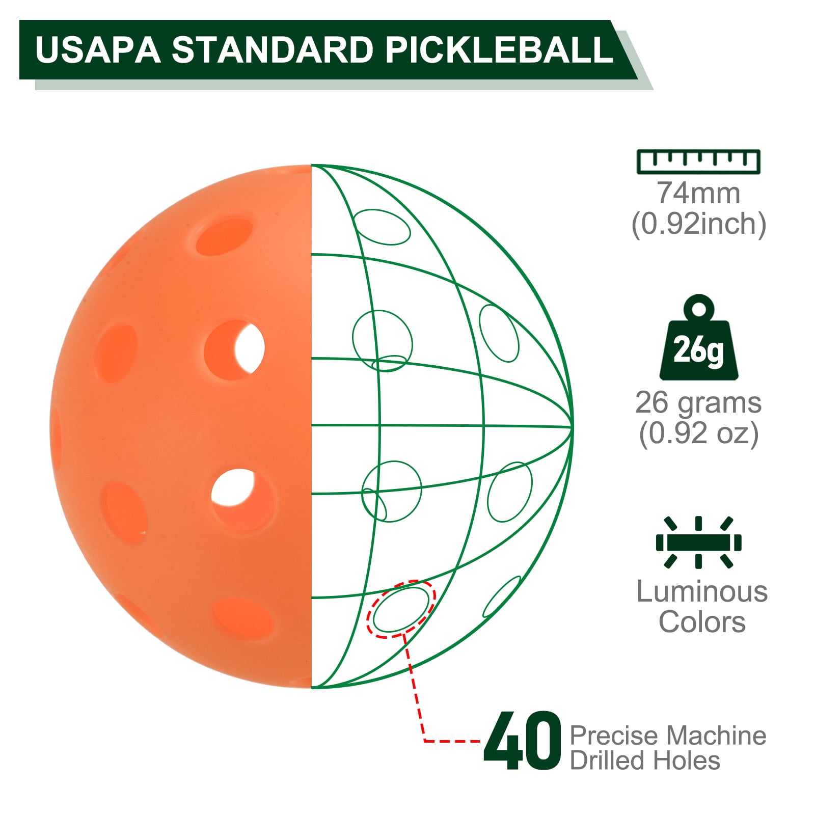 Luminous Pickleball Balls 40 Holes Glow in the Dark Pickleball Balls with Mesh Bag Orange,White, 6 Pack