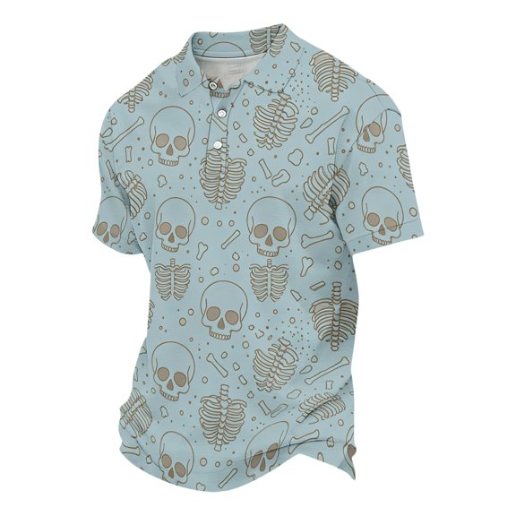 JULMCOMO Halloween Polo Shirts for Men Skull Ghost Pumpkin Print Collared Short Sleeve Trendy Loose Fit Graphic Tees Holiday Party Tops Light Blue M