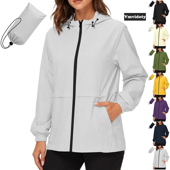 Vmvidoty Women's Solid Color Long Sleeve Hooded Jacket Water-Repellent Windproof With Pockets And Zipper Closure Casual Everyday Wear Gray L
