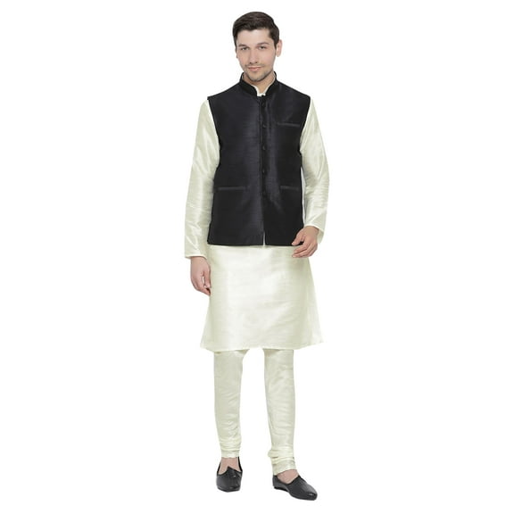 ELINA FASHION Men's Indian Silk Blend Kurta Pajama And Nehru Jacket (Waistcoat) Traditional Wedding Party Festivals Dress Set