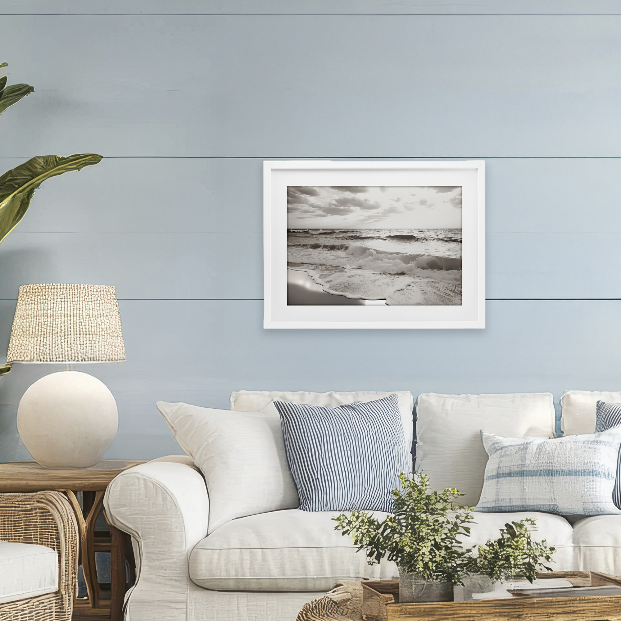 Beach View Reverie White Framed Print Under Glass, design by Decent Exposures