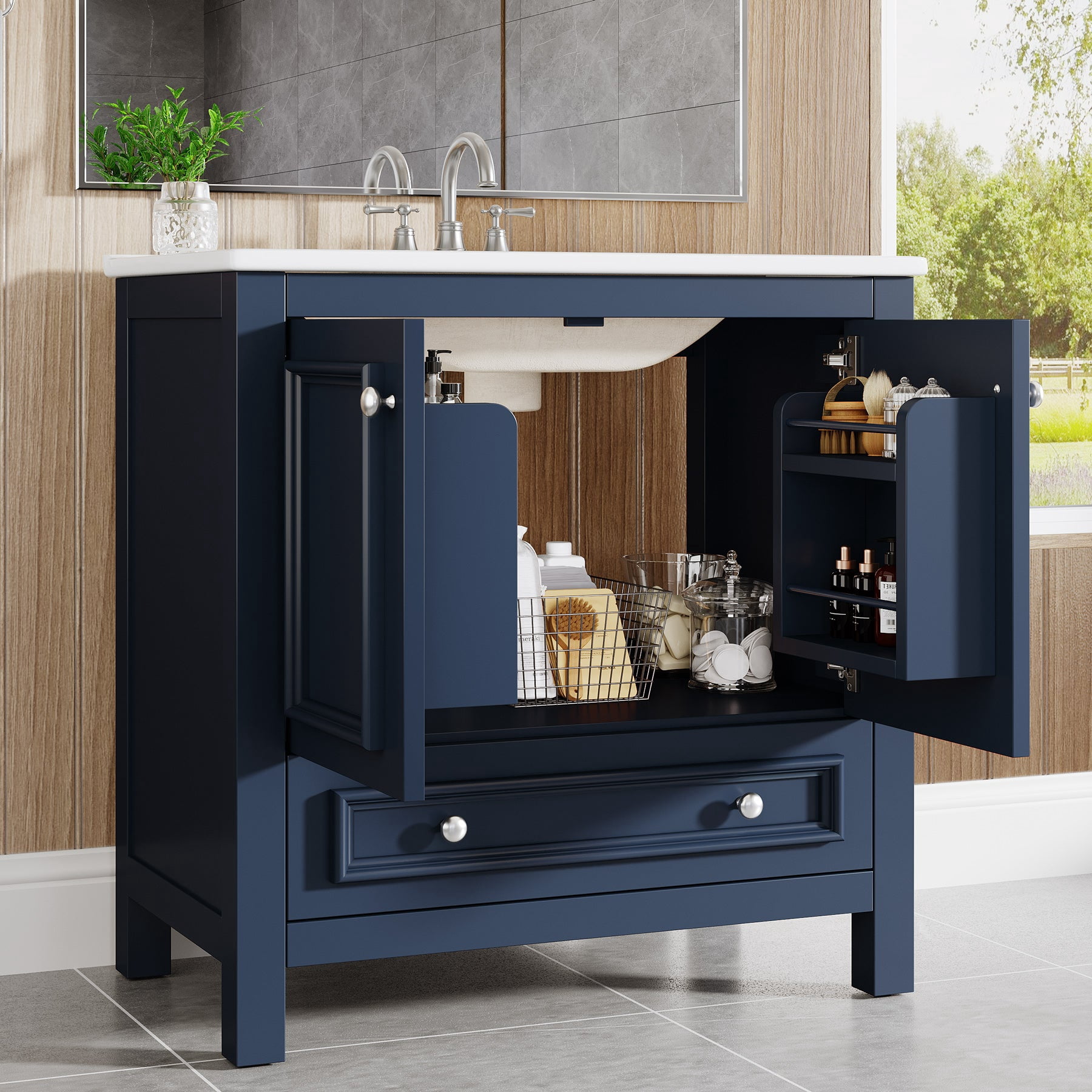 Fnova 30" Modern Bathroom Vanity with Sink, Freestanding Bathroom Vanities Cabinet, Bathroom Sink Cabinet with 2 Doors and 1 Drawer, Solid Wooden Frame, Navy Blue