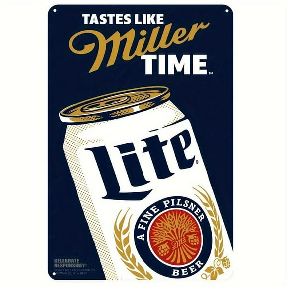 Miller Lite Beer Vintage Metal Tin Sign (8''x12'') - Retro Wall Decor for Man Cave, Bar, Cafe, Garage, Farmhouse - Durable Iron Art Poster with Pre-Drilled Holes - Perfect Gift for Beer Lovers White