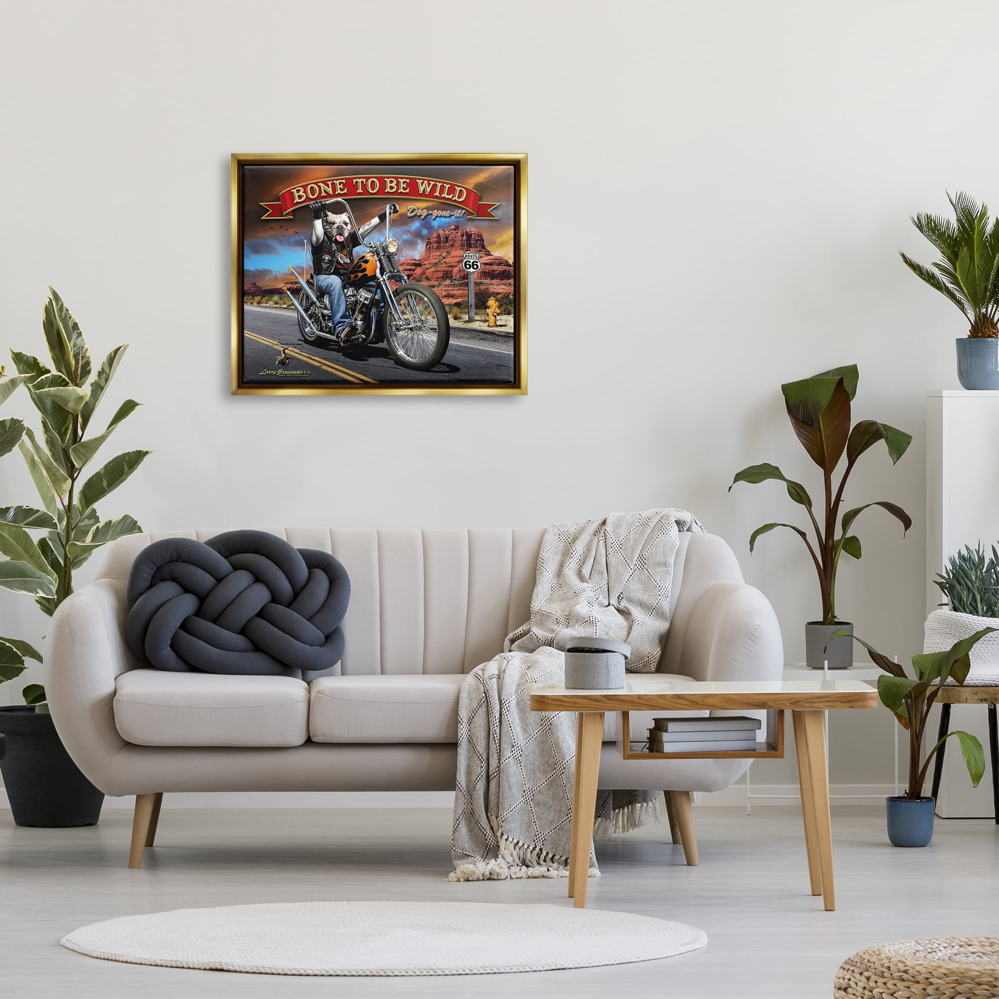 Stupell Industries Bone Wild Motorcycle Dog Transportation Painting Gold Floater Framed Canvas Art Print Wall Art, 31 x 25