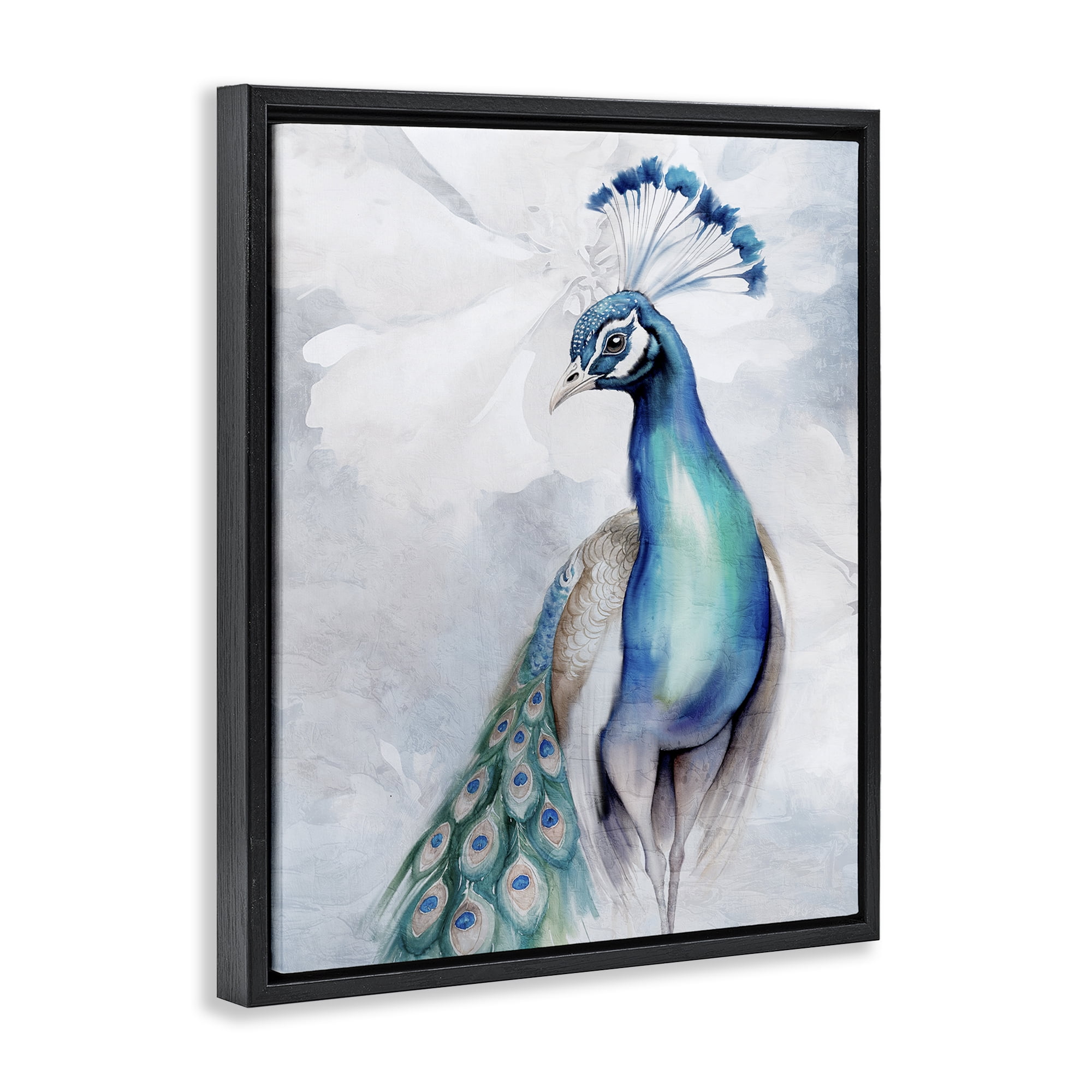 Stupell Industries Soft Elegant Peacock Portrait Animals Painting Black Floater Framed Canvas Art Print Wall Art, 17 x 21