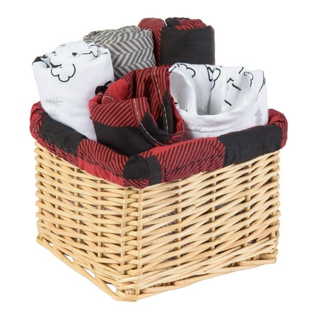 

Trend Lab Lumberjack Moose 7 Piece Feeding Gift Basket for Baby Boy or Girl - Red & Black Includes 2 Bibs 3 Burps Basket & Liner